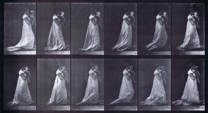 profile view of clothed female wear dress walking carrying a baby on the left arm animation reference using muybridge plate 36 from animal locomotion