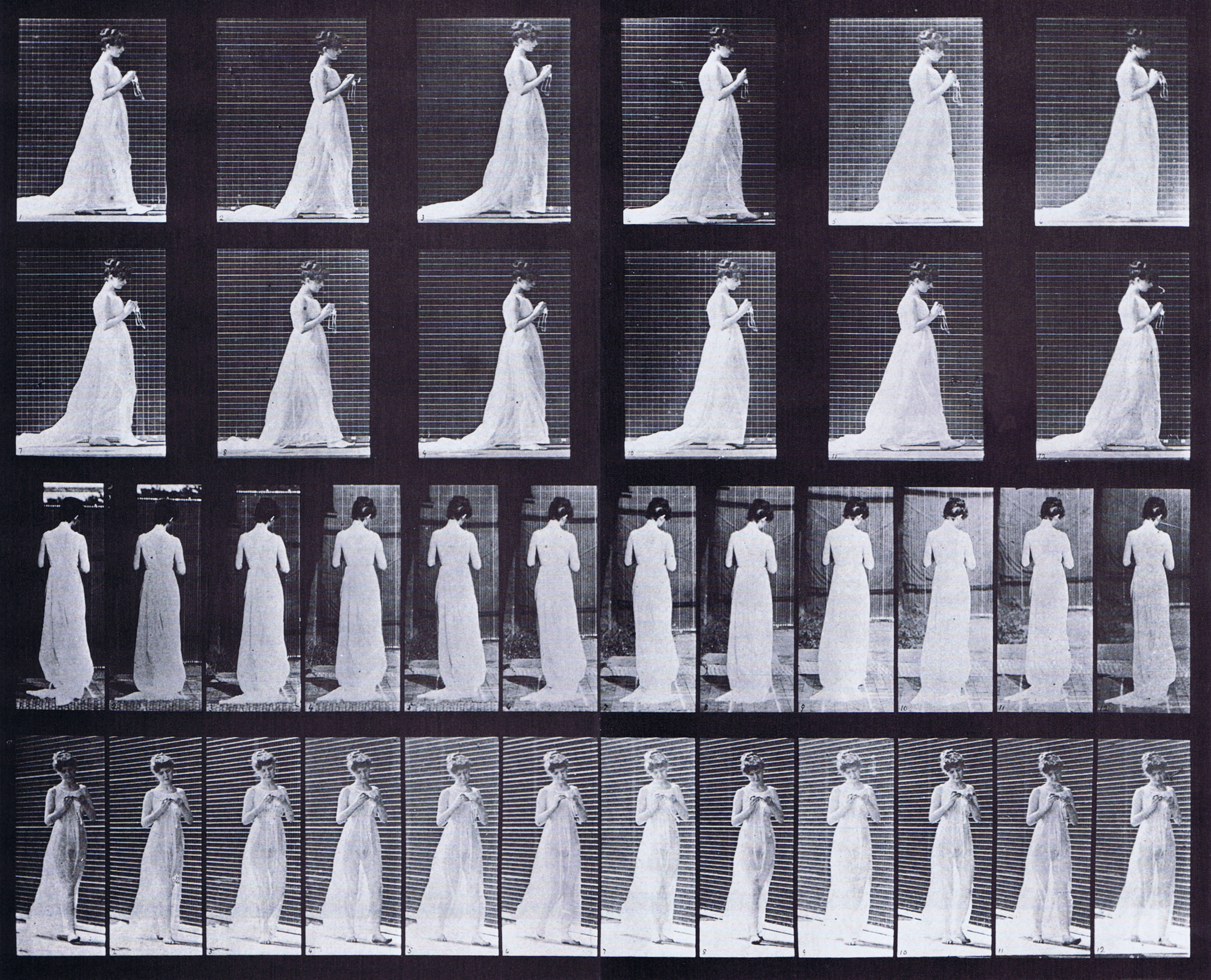 large profile, rear, and front three quarter view of semi nude female wearing dress walking with hands engage in knitting animation reference using muybridge plate 39 from animal locomotion
