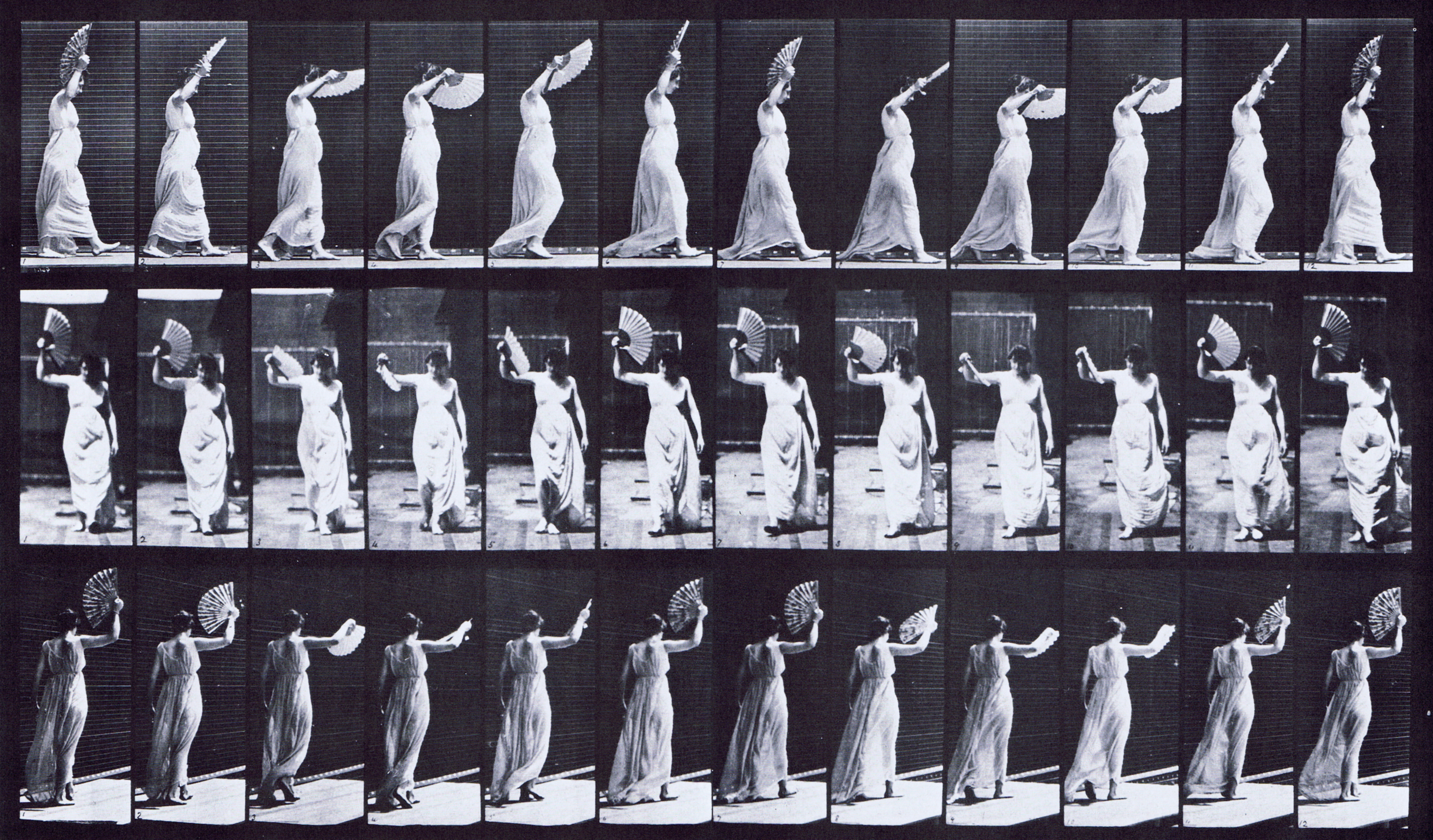 Profile, front, rear three quarter view of semi nude female walking in dress while flirting a fan animation refrence using muybridge plate 41 from animal locomotion