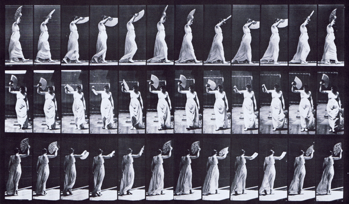 Profile, front, rear three quarter view of semi nude female walking in dress while flirting a fan animation refrence using muybridge plate 41 from animal locomotion