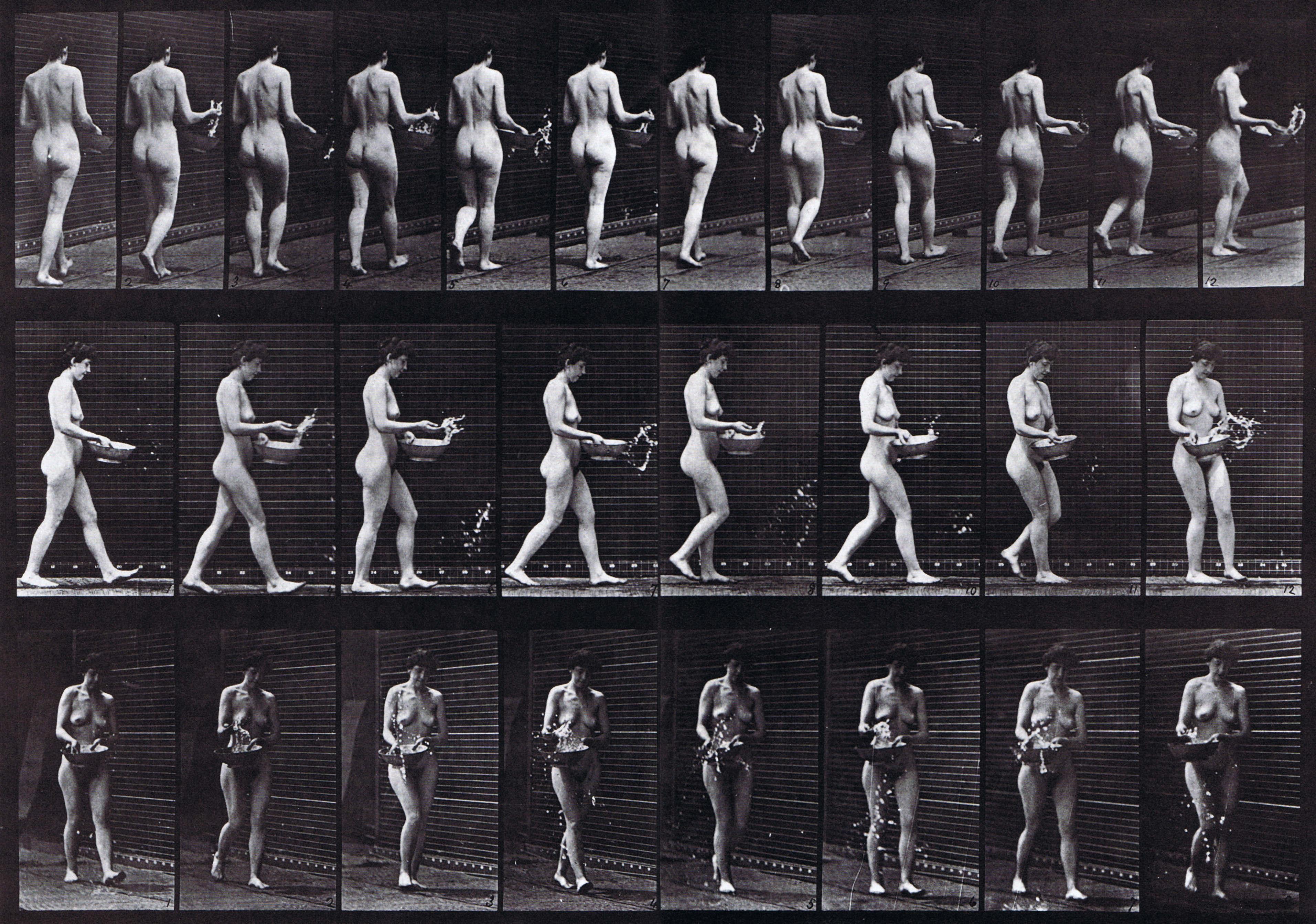 Profile, rear three-quarter, and front three-quarter views of nude female walking and sprinkling water from basin animation reference using muybridge plate 43 from animal locomotion
