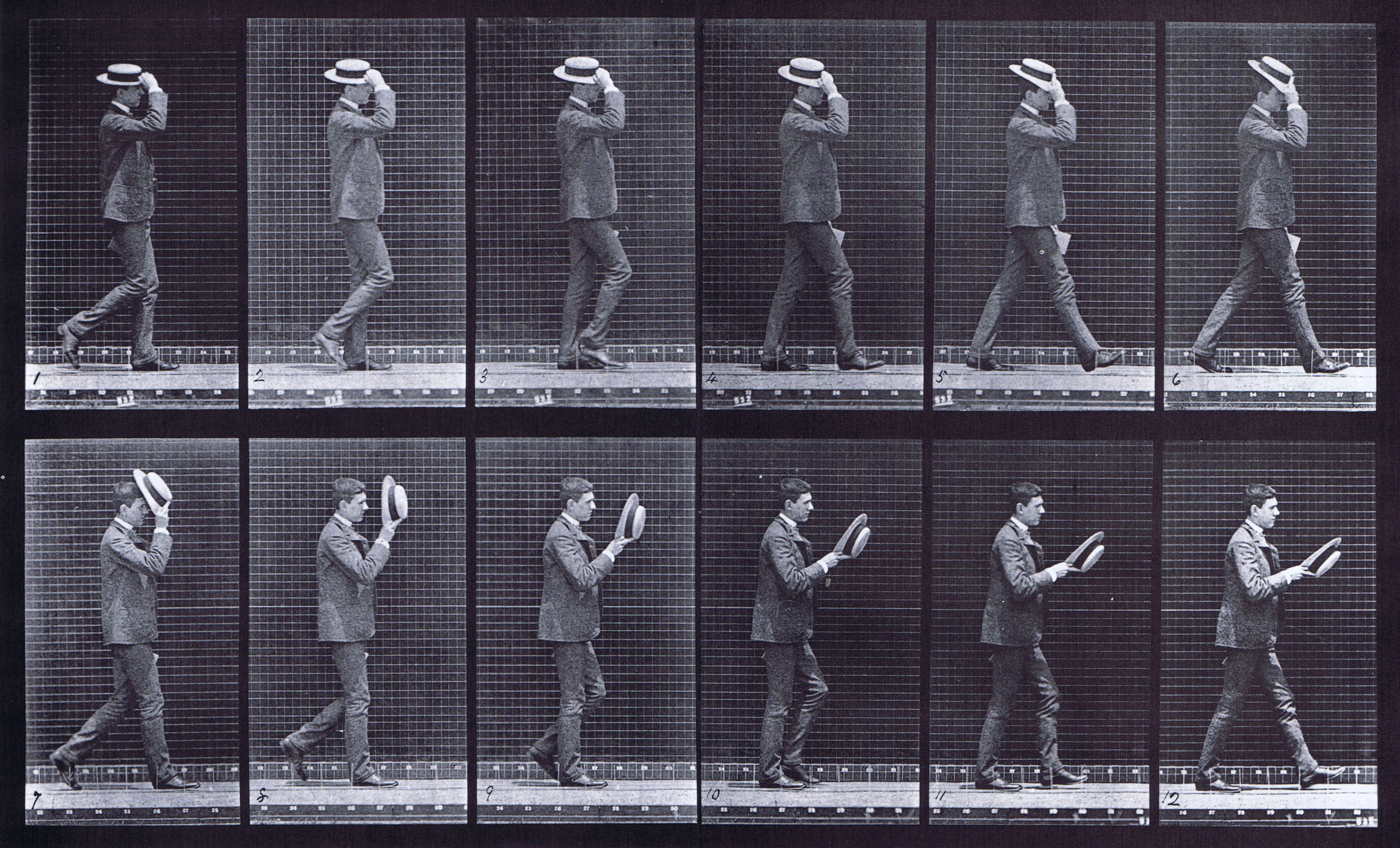 large profile view of clothed male walking and taking off hat animation reference using muybridge plate 44 from animal locomotion