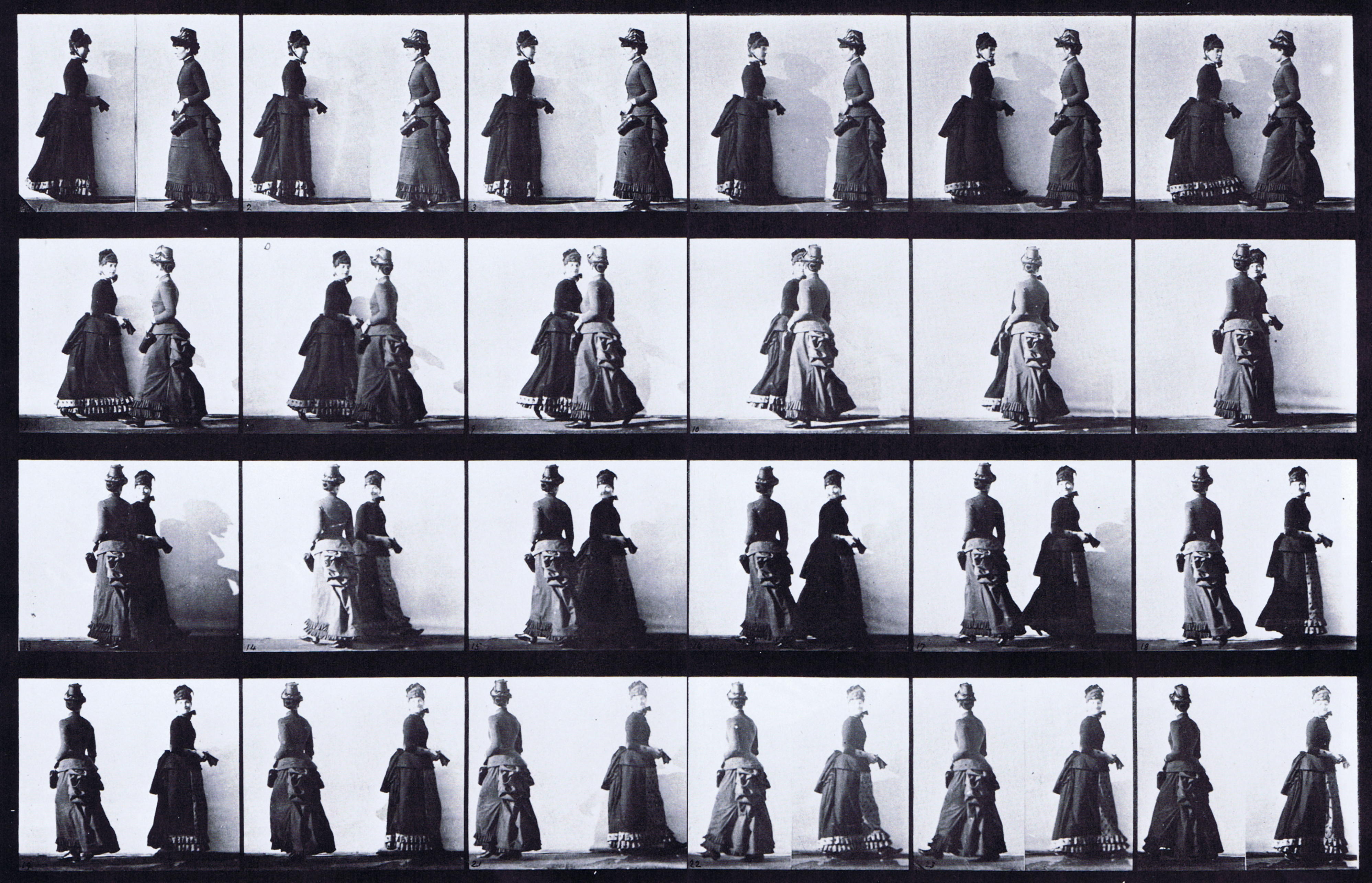 large Profile view of two clothed females walking and meeting turning to partly face each other animation reference using muybridge plate 45 from animal locomotion