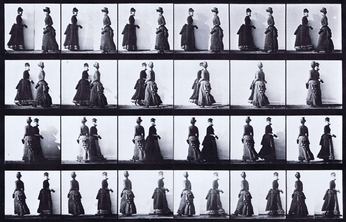 Profile view of two clothed females walking and meeting turning to partly face each other animation reference using muybridge plate 45 from animal locomotion