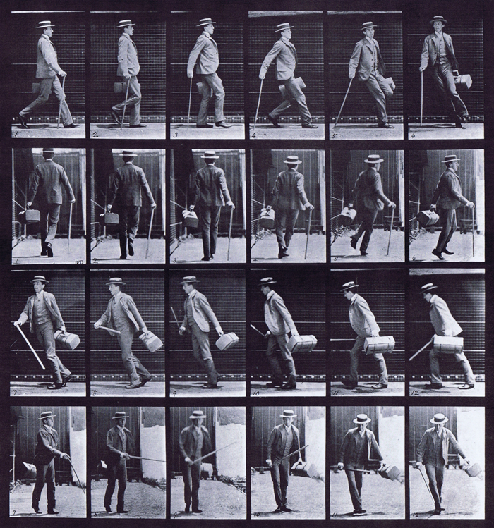Profile, and rear view of clothed male walking turning around rapidly with a satchel in left hand cane in right hand animation reference using muybridge plate 49 from animal locomotion