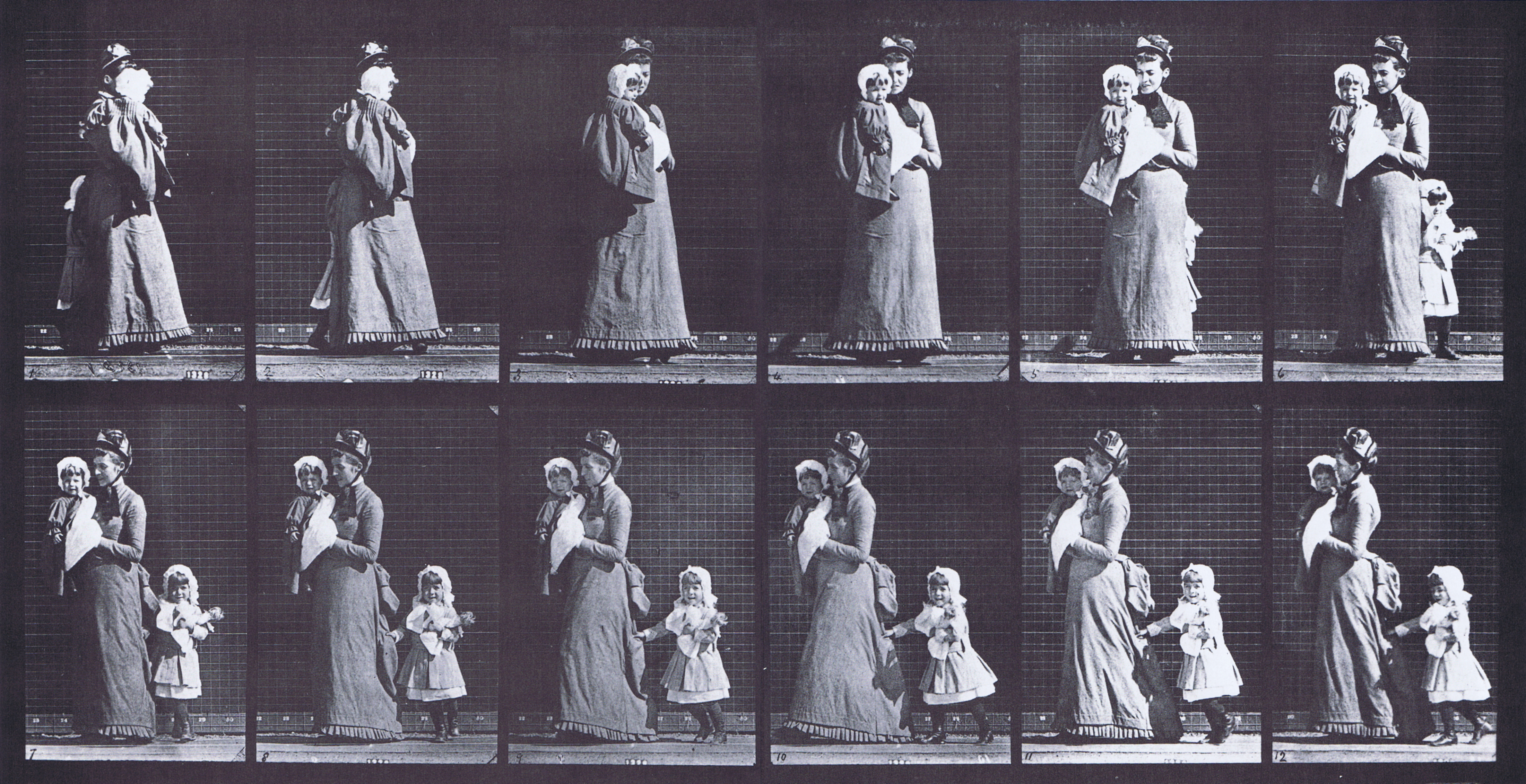large profile view of clothed female turning around while carrying a clothed child right arm and another clothed child holding woman's dress animation reference using muybridge plate 52 from animal locomotion