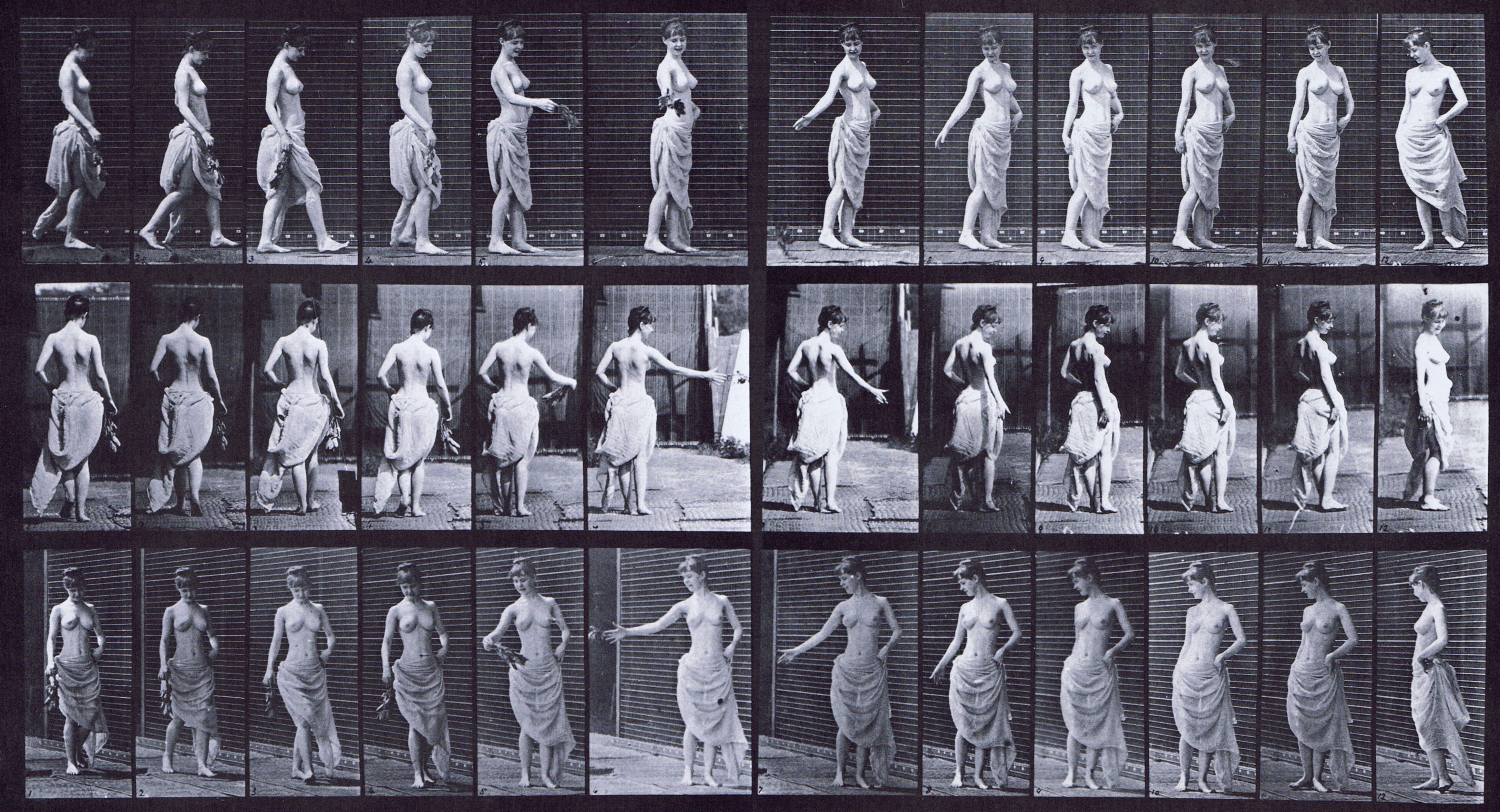 large profile, rear, and front three-quarter views of semi nude female in cloth skirt walking and scattering flowers on the ground and turning around animation reference using muybridge plate 53 from animal locomotion