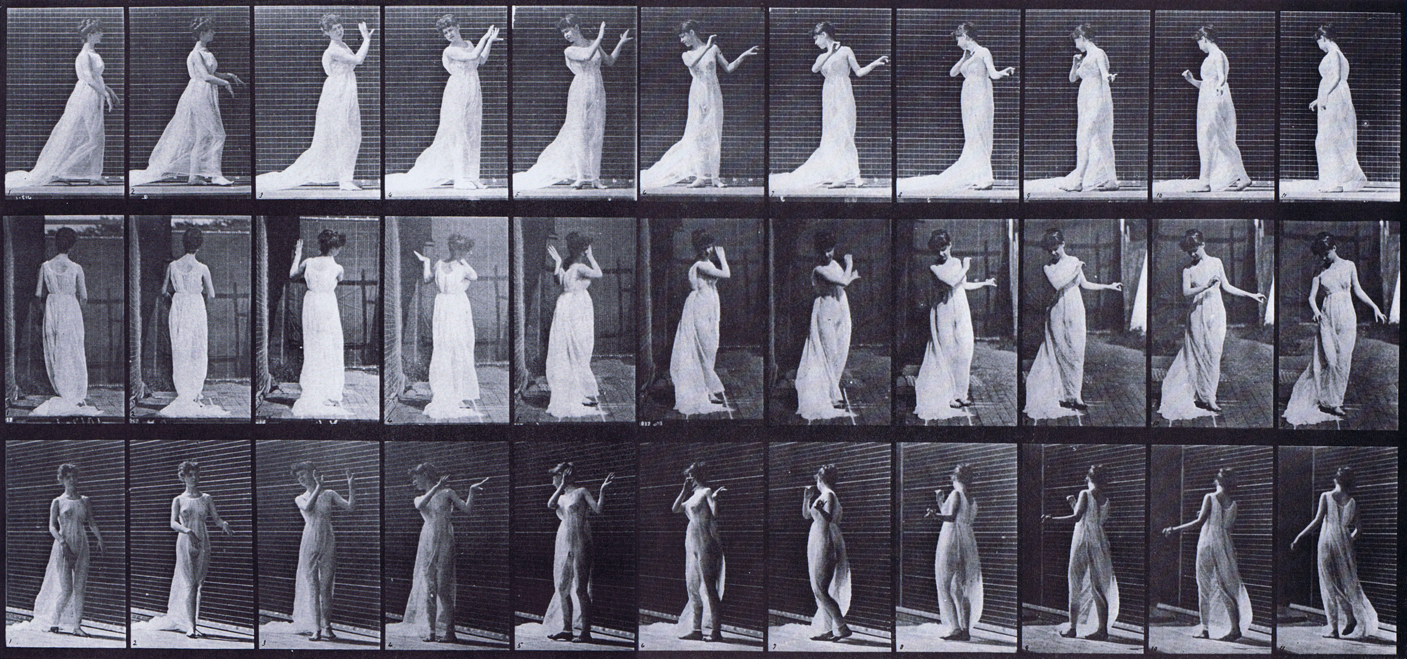 large profile, rear, and front three-quarter view of semi nude female in dress walking and turning around with hands in the air in act of aversion animation reference using muybridge plate 55 from animal locomotion