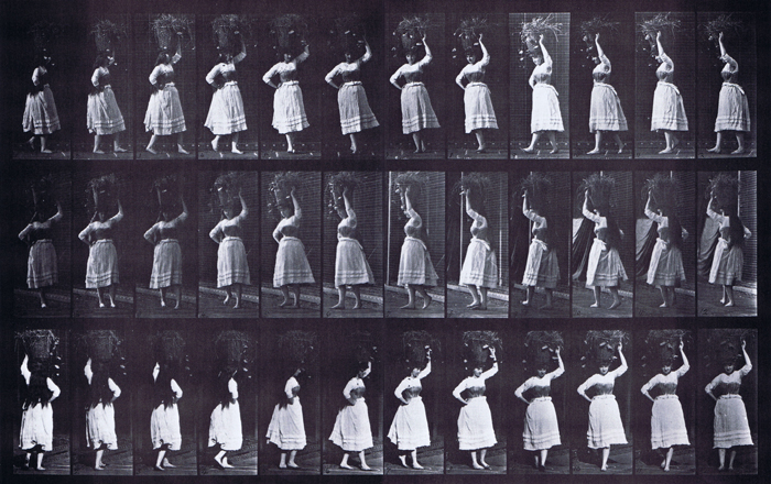 Profile, front three-quarter, and rear three-quarter views of clothed female walking and turning around carrying a 10 pound basket on head with left hand raised animation reference using muybridge plate 57 from animal locomotion