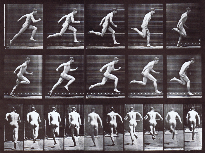 Profile and rear views of nude male running at full speed animation reference using muybridge plate 63 from animal locomotion
