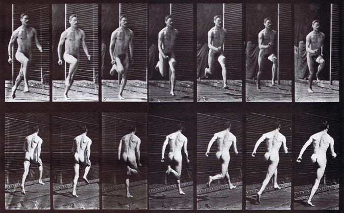 Front three-quarter and rear three quarter or nude male running animation reference using muybridge plate 66 from animal locomotion