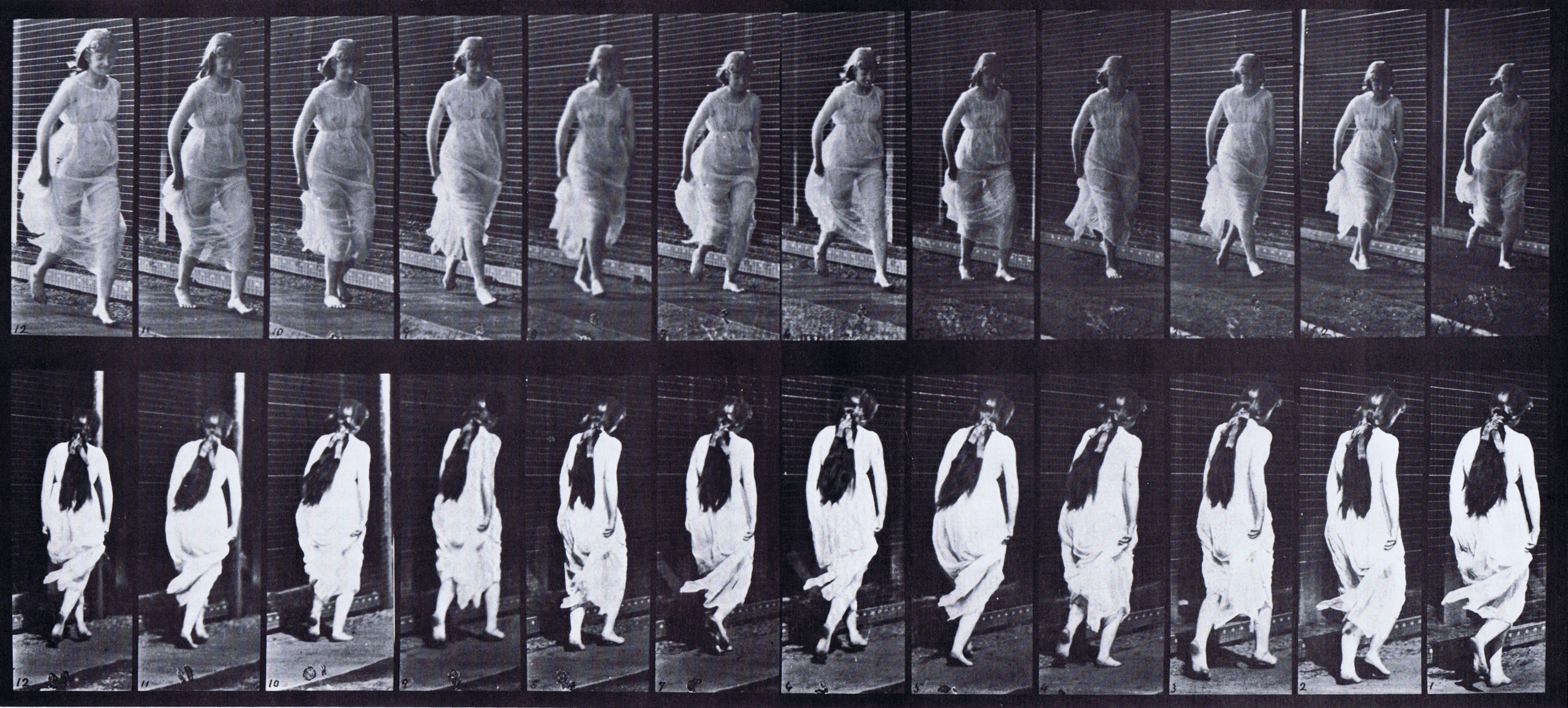 large profile view of clothed female wear dress walking carrying a baby on the left arm animation reference using muybridge plate 36 from animal locomotion
