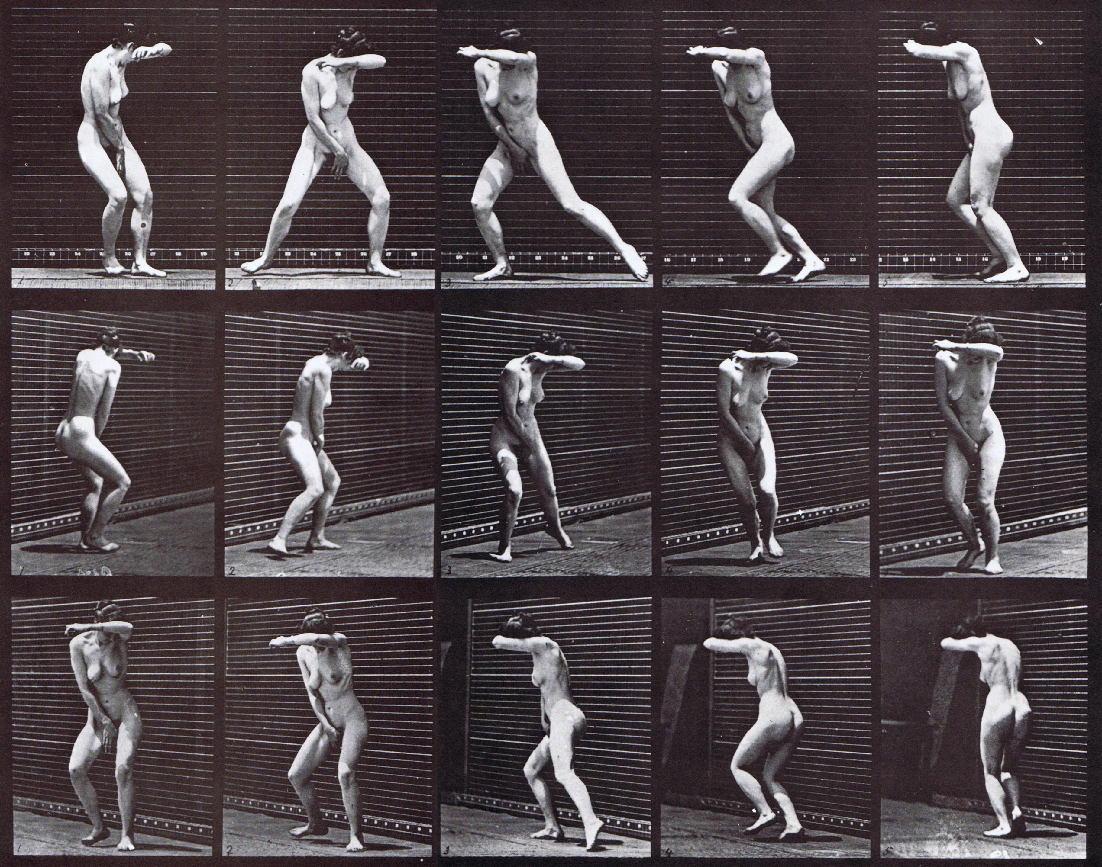 large profile, rear three-quarter, and front three-quarter views of nude female turning around in suprise and running away animation reference using muybridge plate 73 from animal locomotion