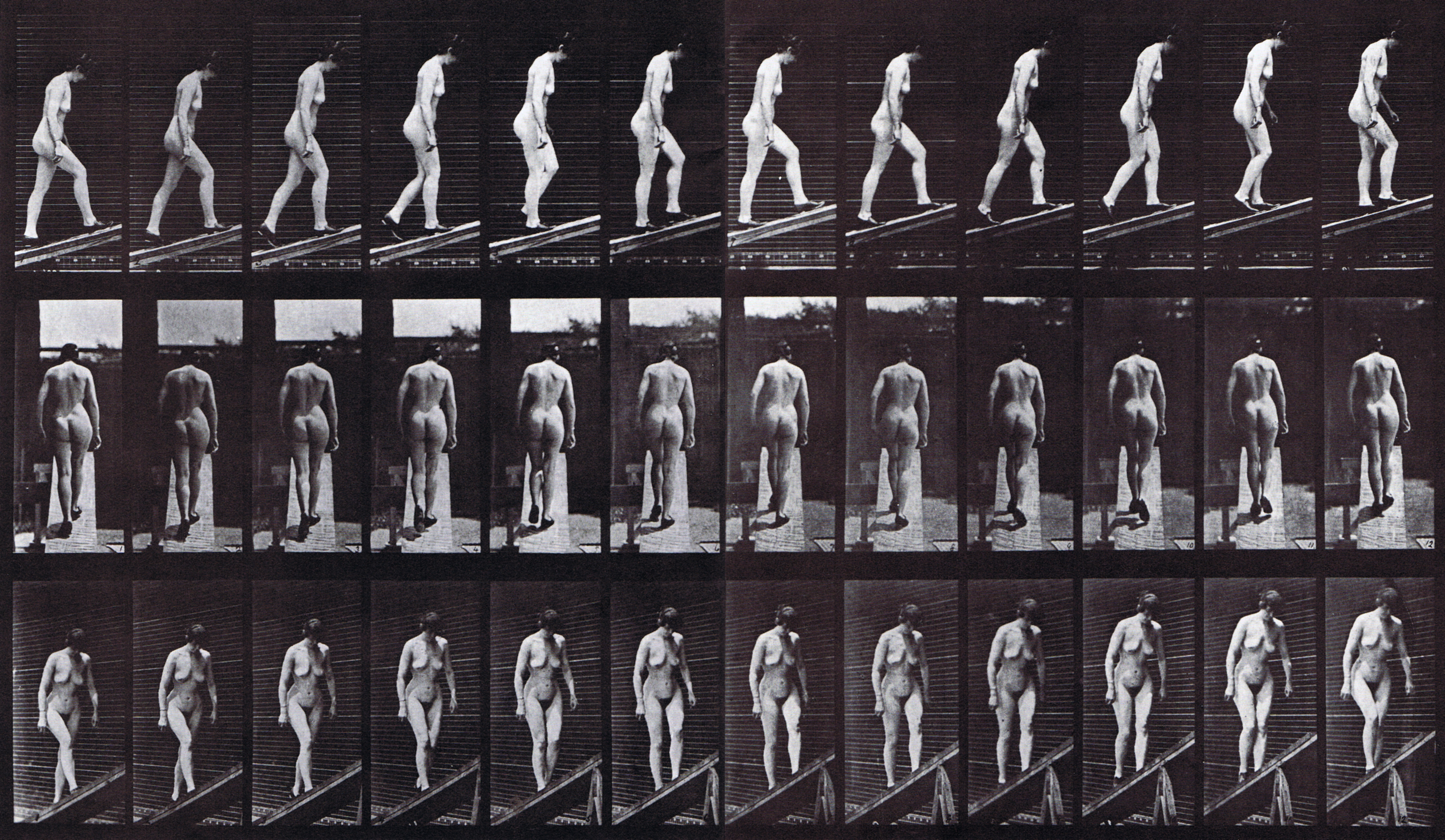 large profile, rear, and front three-quarter view of nude female ascending incline animation reference using muybridge plate 85 from animal locomotion