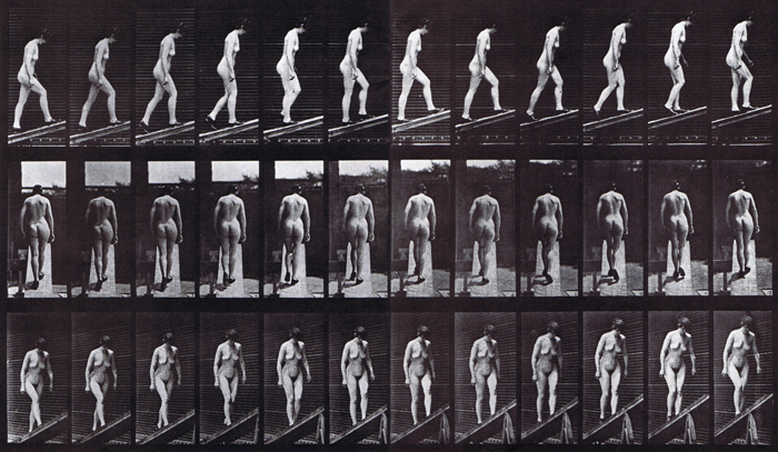 Profile, rear, and front three-quarter view of nude female ascending incline animation reference using muybridge plate 85 from animal locomotion