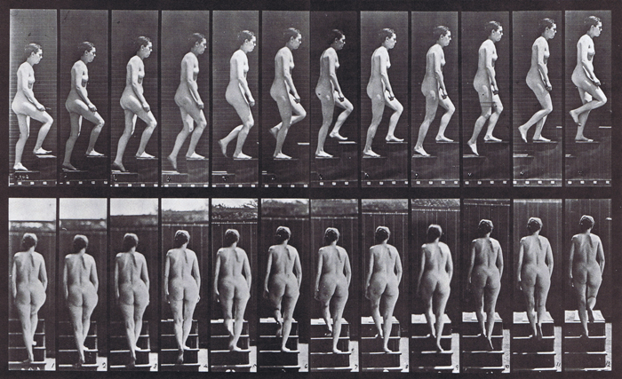 Profile and rear views of nude female ascending stairs animation reference using muybridge plate 92 from animal locomotion