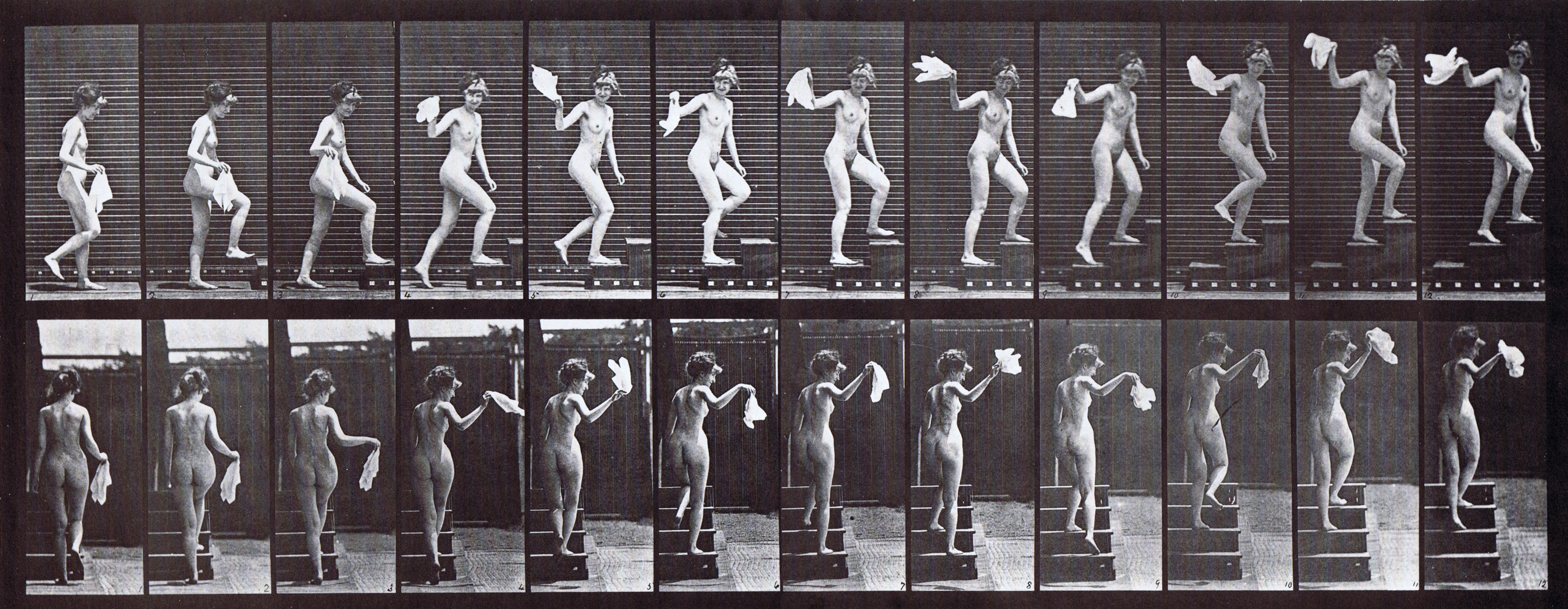 large profile and rear views of nude female ascending stairs looking around and waving a handkerchief animation reference using muybridge plate 96 from animal locomotion