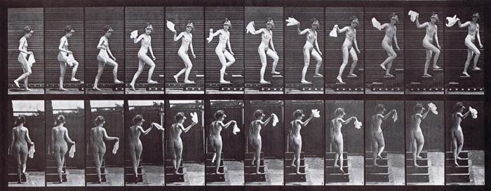 Profile and rear views of nude female ascending stairs looking around and waving a handkerchief animation reference using muybridge plate 96 from animal locomotion