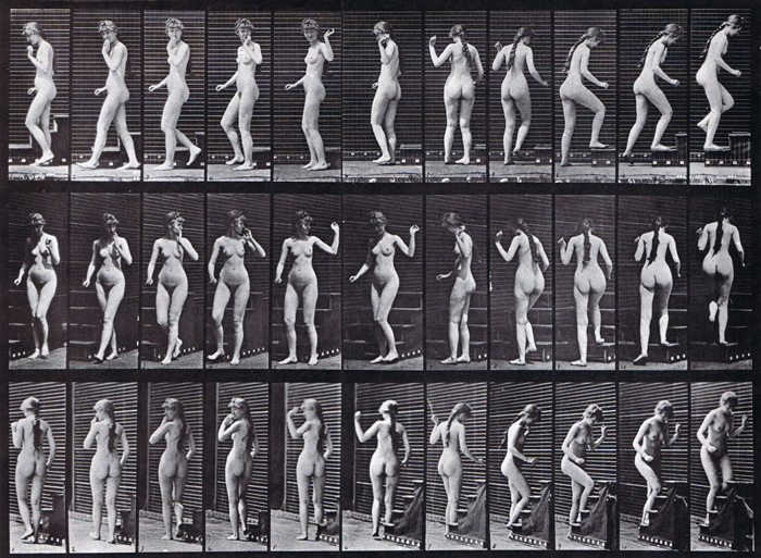 Profile, front three-quarter, and rear three-quarter views of nude female walking waving hand then turning to ascend stairs animation reference using muybridge plate 101 from animal locomotion
