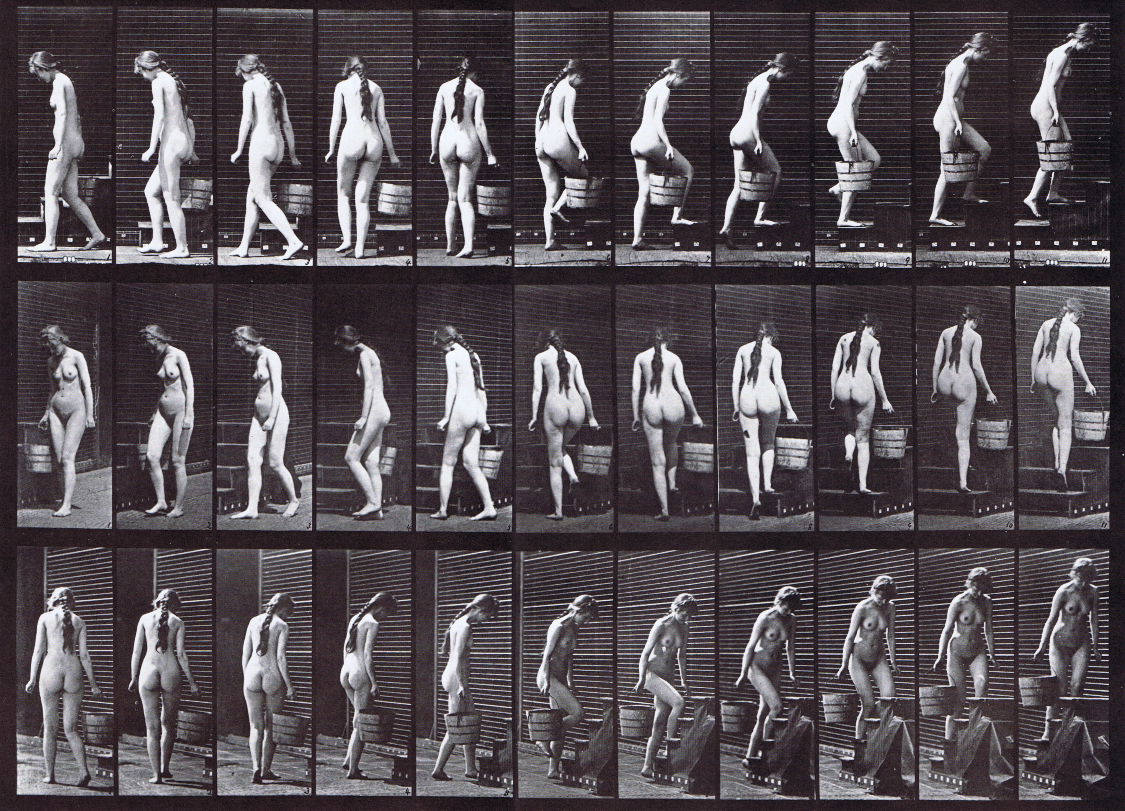 large profile, front three-quarter, and rear three-quarter views of nude female walking turning and ascending stairs carrying a bucket of water in right hand animation reference using muybridge plate 102 from animal locomotion