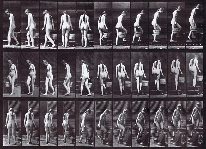 Profile, front three-quarter, and rear three-quarter views of nude female walking turning and ascending stairs carrying a bucket of water in right hand animation reference using muybridge plate 102 from animal locomotion