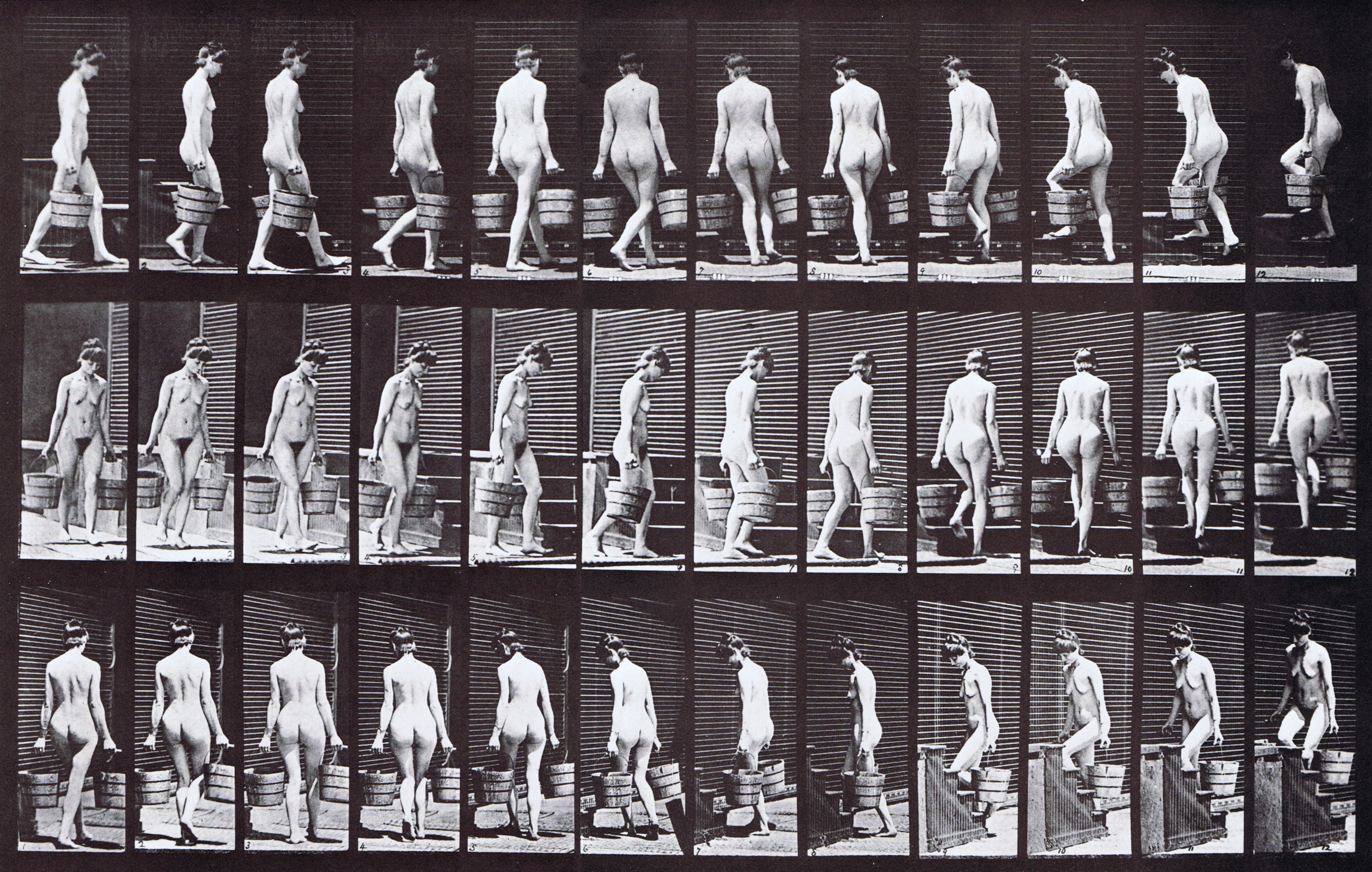 large profile, front three-quarter, and rear three-quarter views of nude female walking turning and ascending stairs while carrying a bucket of water in each hand animation reference using muybridge plate 104 from animal locomotion