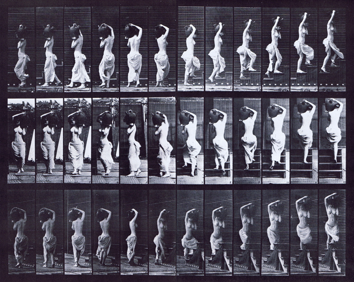 Profile, front, and rear three-quarter views of semi nude female in cloth dress walking turning and ascending stairs carrying a water jug on left shoulder animation reference using muybridge plate 105 from animal locomotion