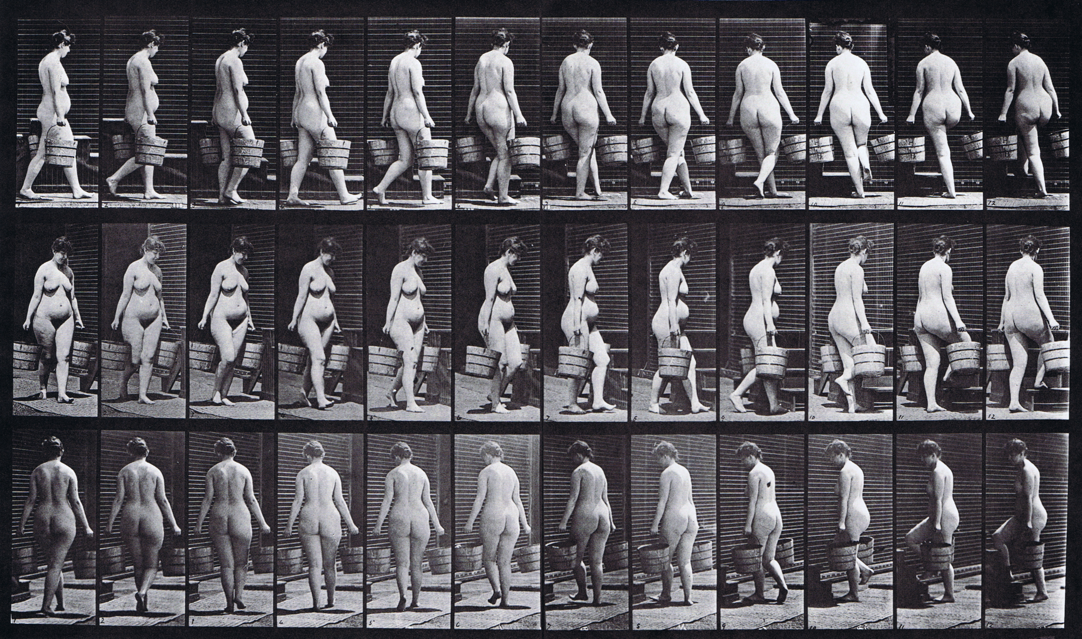 large profile, front three-quarter, and rear three-quarter views of nude female walking, turning and ascending stairs carrying a bucket of water in each hand animation reference using muybridge plate 106 from animal locomotion