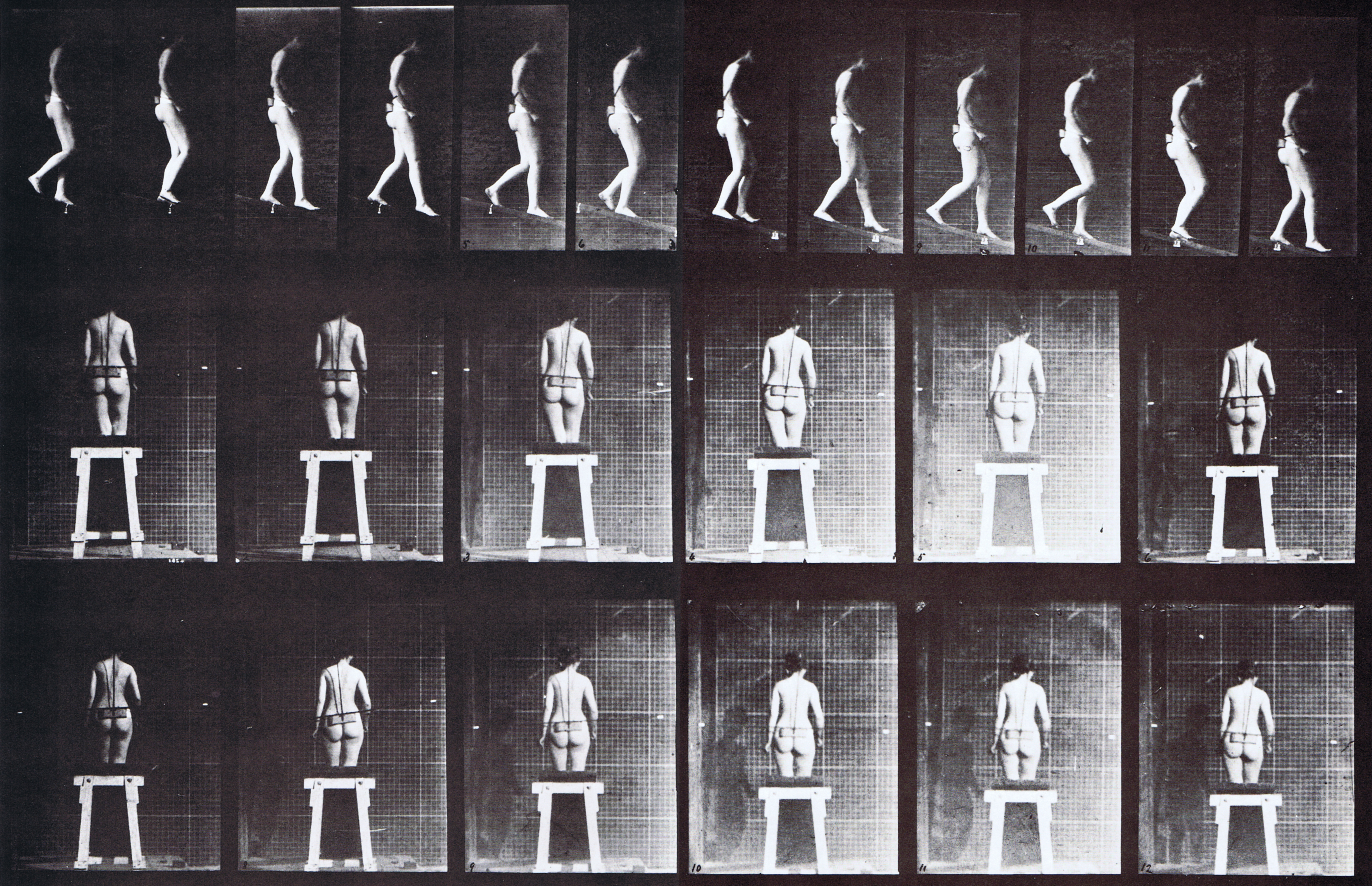 large profile and rear views of nude female descending an incline animation reference using muybridge plate 118 from animal locomotion