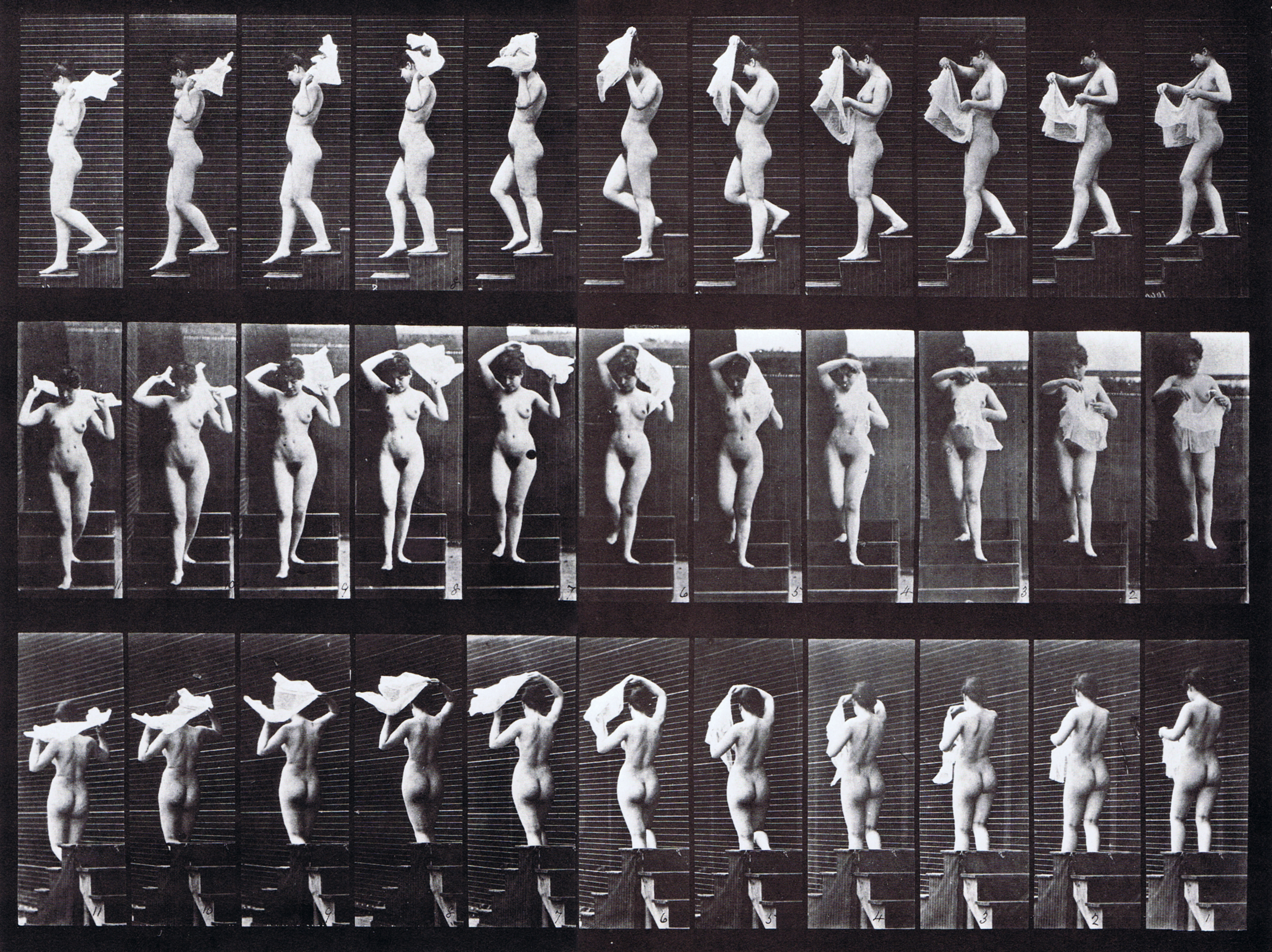 large profile, front, and rear three-quarter views of nude female descending stairs while throwing handkerchief over shoulders anmiation reference using muybridge plate 133 from animal locomotion