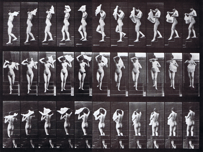 Profile, front, and rear three-quarter views of nude female descending stairs while throwing handkerchief over shoulders anmiation reference using muybridge plate 133 from animal locomotion