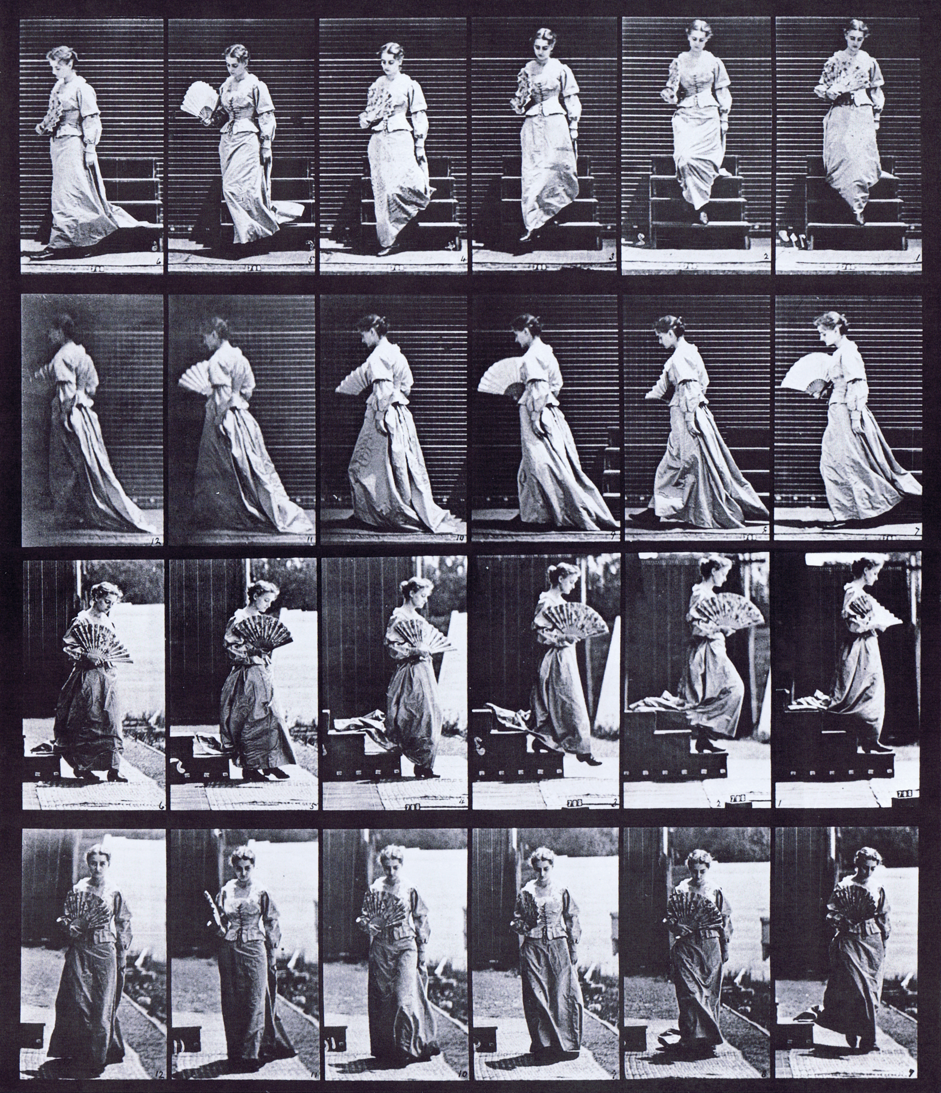 large front and profile views of clothed female wearing dress descending stairs, turning and flirting a fan animation reference using muybridge plate 141 from animal locomotion