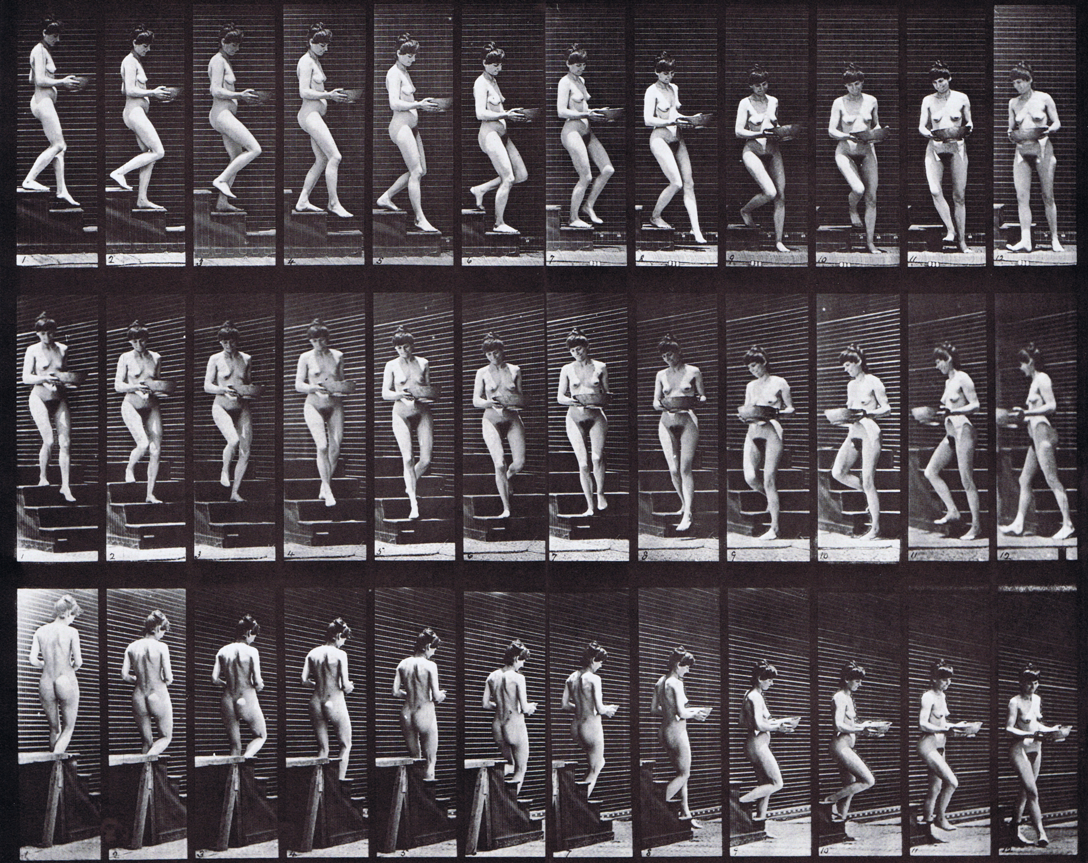 large profile, front three-quarter, and rear three-quarter views of nude female descending stairs holding a water basin animation reference using muybridge plate 144 from animal locomotion