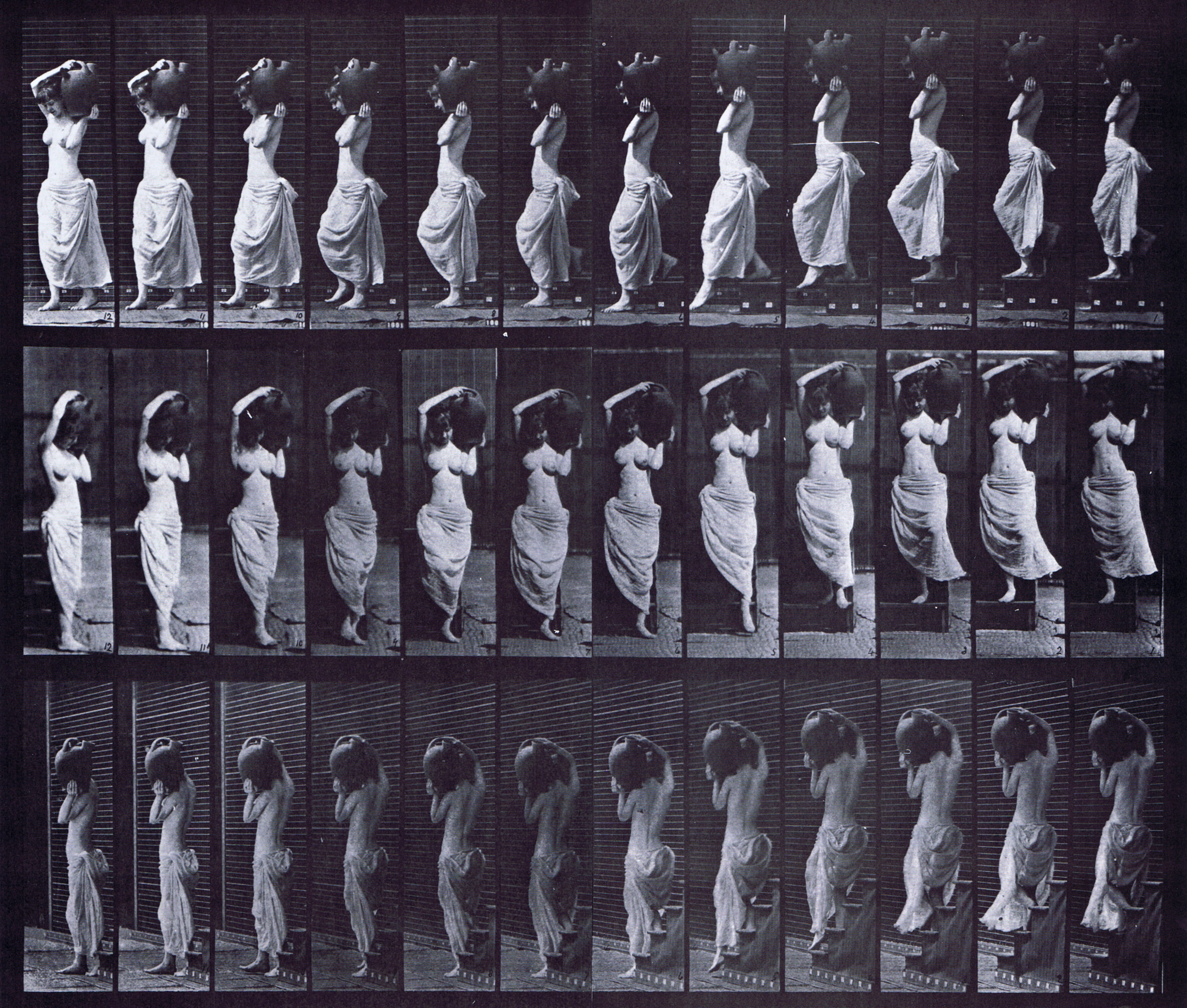 large profile, front three-quarter, and rear three-quarter views of semi nude female wearing cloth skirt dress descending stairs turning with a water jar on left shoulder animation reference using muybridge plate 146 from animal locomotion