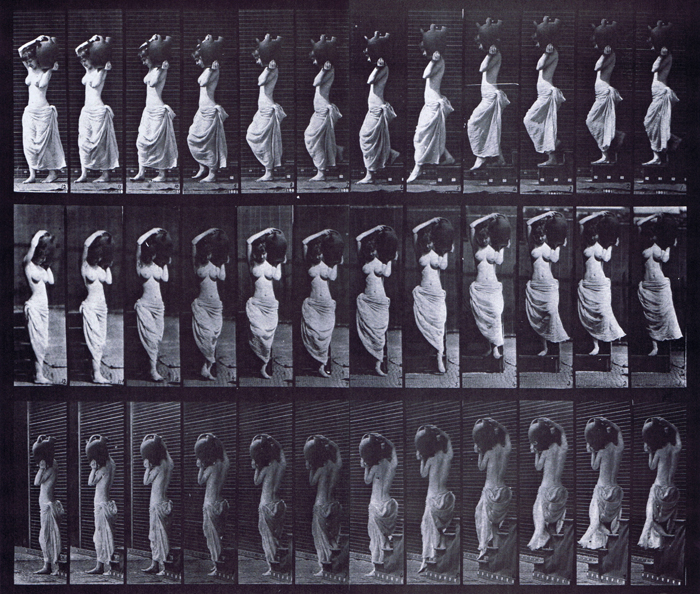 Profile, front three-quarter, and rear three-quarter views of semi nude female wearing cloth skirt dress descending stairs turning with a water jar on left shoulder animation reference using muybridge plate 146 from animal locomotion