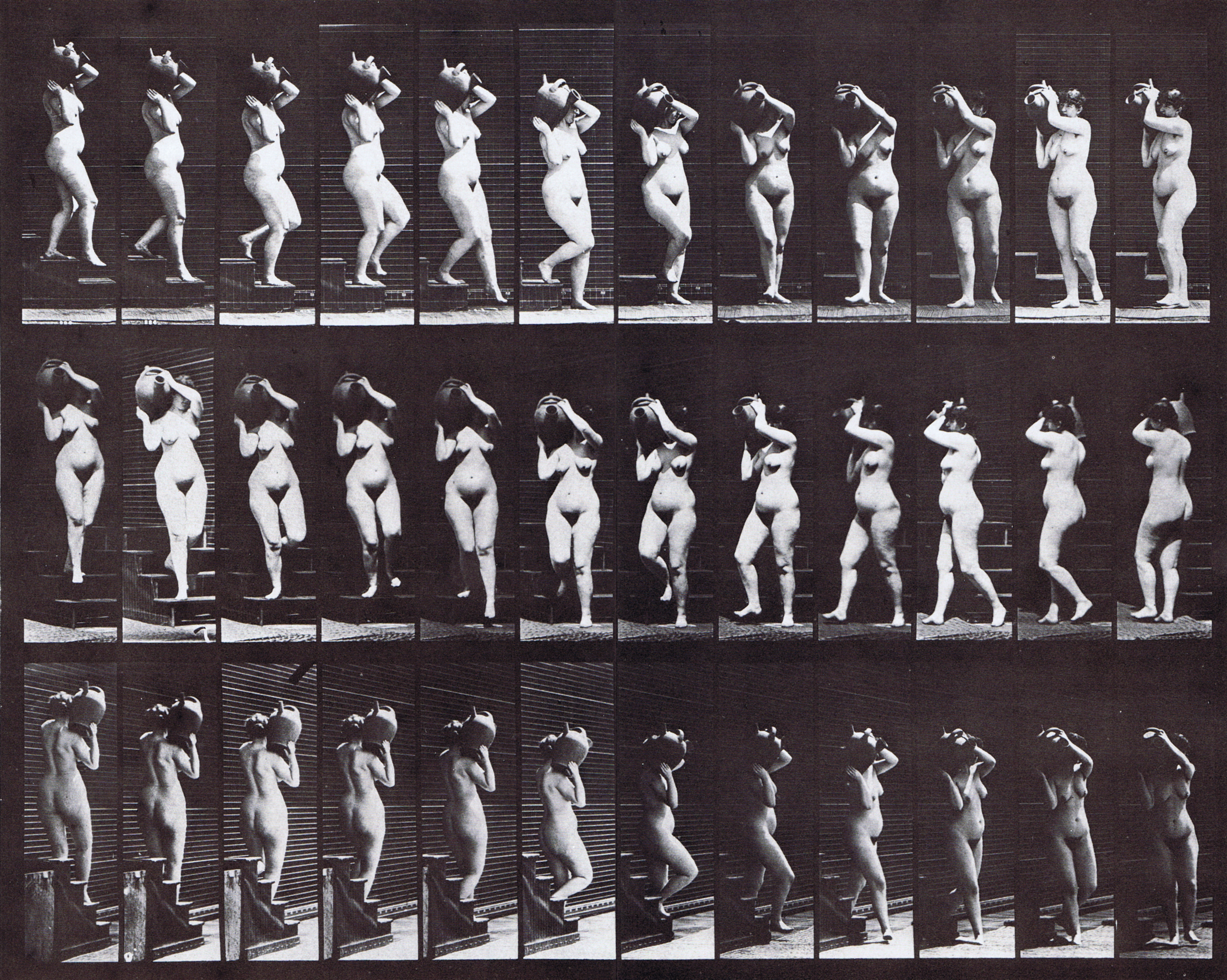 large profile, front three-quarter, and rear three-quarter views of nude female descending stairs carrying water jar on right shoulder animation reference using muybridge plate 147 from animal locomotion