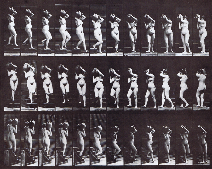 Profile, front three-quarter, and rear three-quarter views of nude female descending stairs carrying water jar on right shoulder animation reference using muybridge plate 147 from animal locomotion