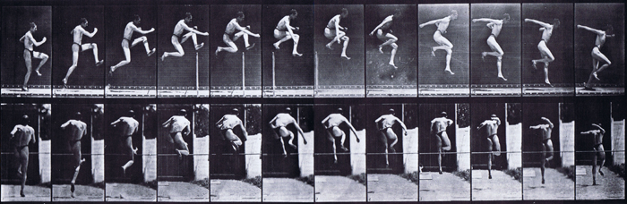 Profile and rear views of semi nude male wearing underwear running and jumping the straight high jump animation reference using muybridge plate 153 from animal locomotion