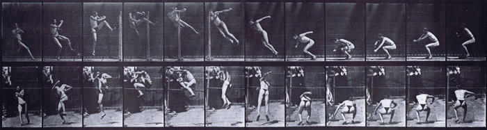 Profile and front views of semi nude male wearing underwear running, jumping a twist high jump animation reference using muybridge plate 157 from animal locomotion