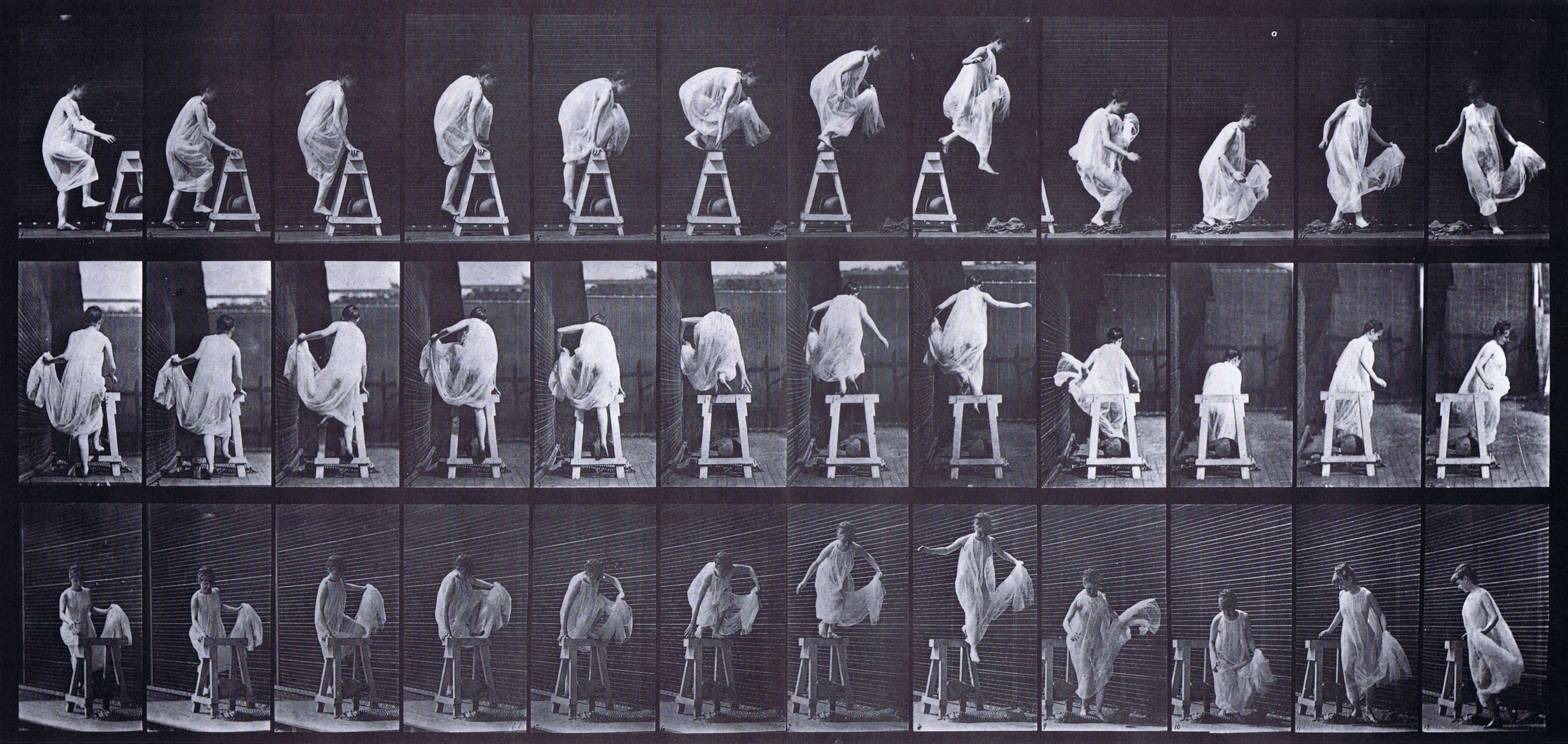 large profile, rear, and front three-quarter views of semi nude female in dress stepping up on trestle and jumping down and turning animation reference using muybridge plate 172 from animal locomotion