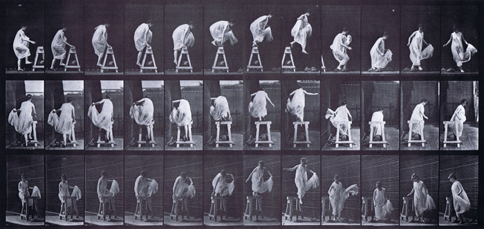 Profile, rear, and front three-quarter views of semi nude female in dress stepping up on trestle and jumping down and turning animation reference using muybridge plate 172 from animal locomotion