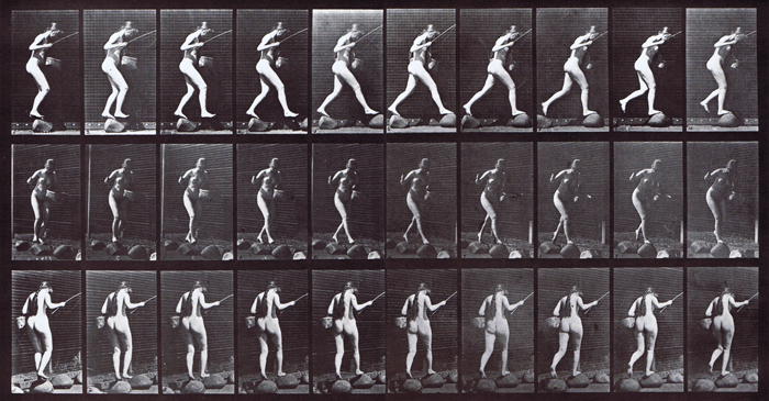 Profile, front three-quarter and rear three-quarter views of nude female skipping over rocks carrying a fishing pole in right hand animation reference usying muybridge plate 176 from animal locomotion