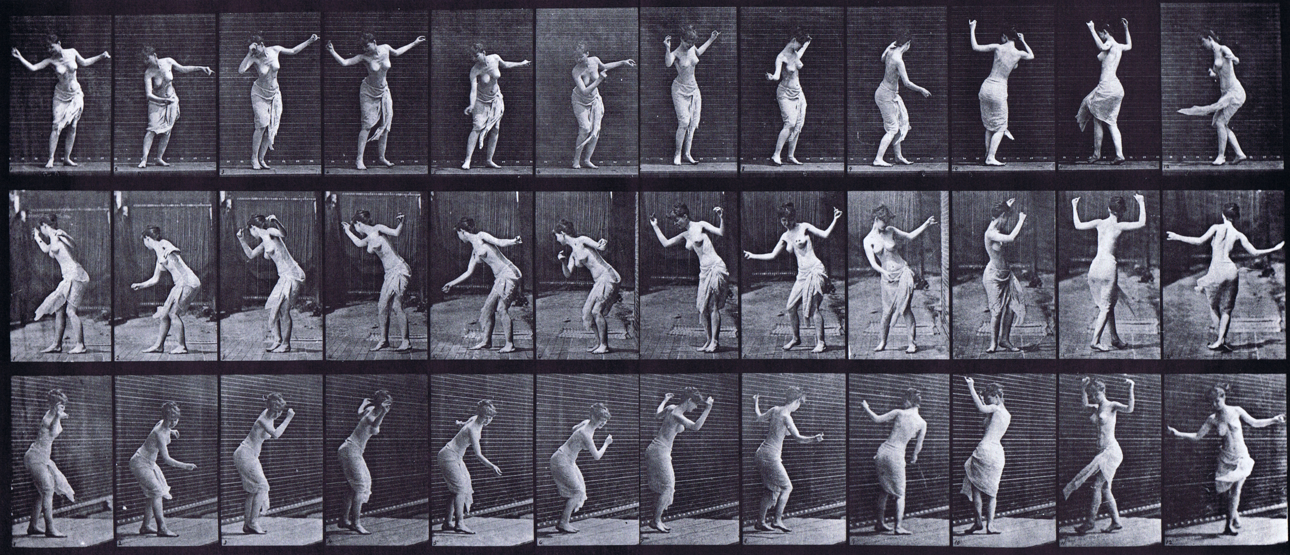 large front, profile, and front three-quarter views of semi nude female in dress dancing animation reference using muybridge plate 191 from animal locomotion