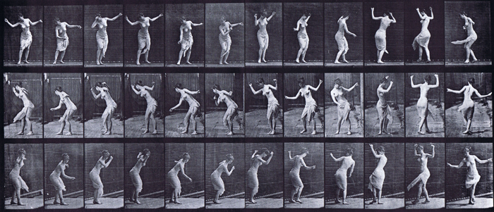 Front, profile, and front three-quarter views of semi nude female in dress dancing animation reference using muybridge plate 191 from animal locomotion