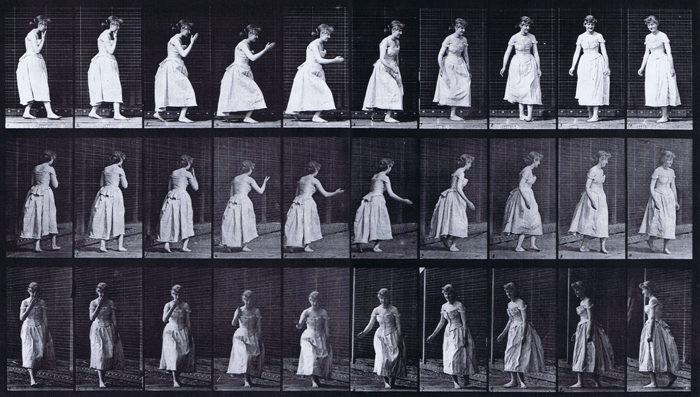 Profile, rear three-quarter, and front three-quarter views of clothed female curtseying and kissing hand then turning around animation reference using muybridge plate 200 from animal locomotion