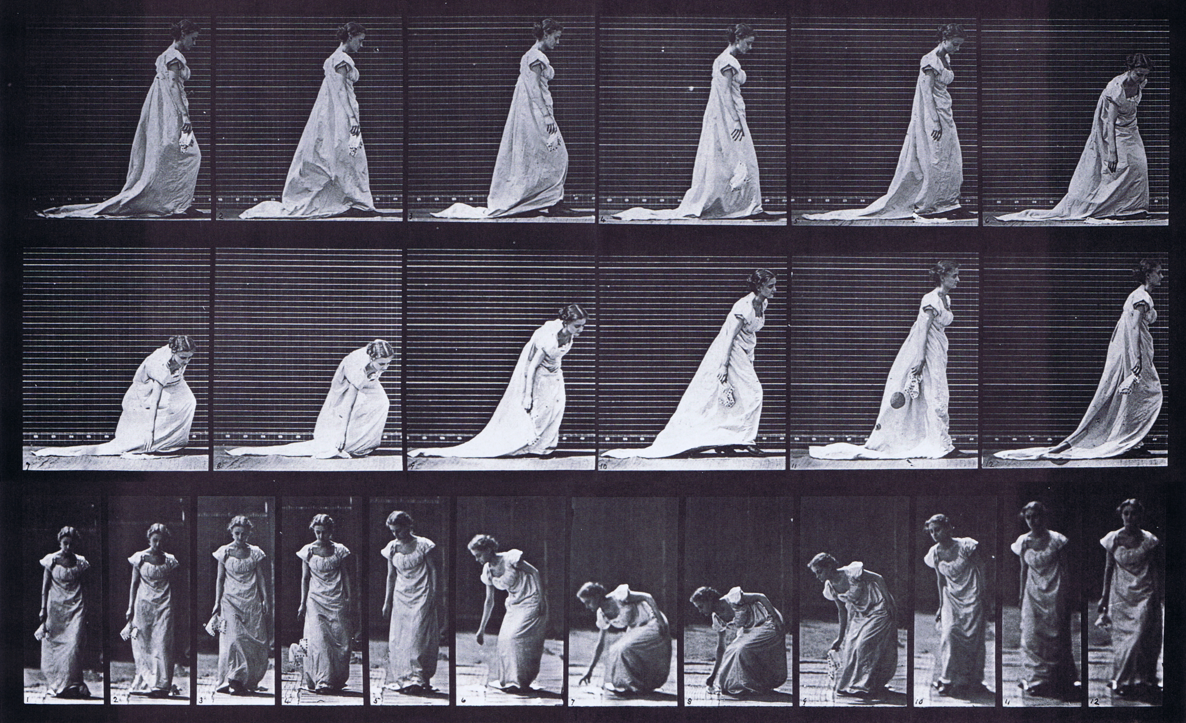 large profile and front views of clothed female stooping and lifting a handkerchief animation reference using muybridge plate 209 from animal locomotion