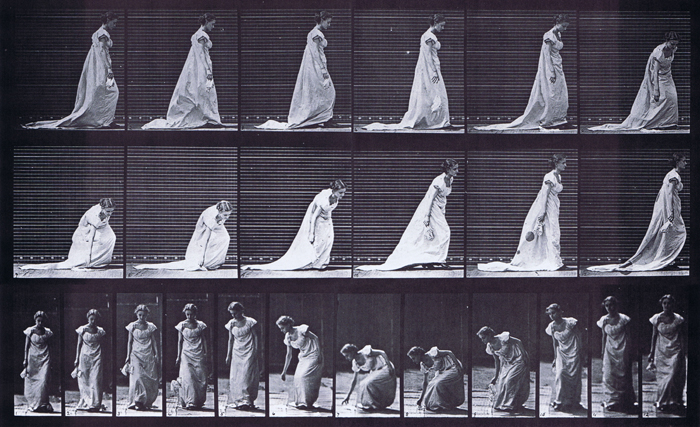 Profile and front views of clothed female stooping and lifting a handkerchief animation reference using muybridge plate 209 from animal locomotion