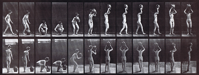 Profile and rear views of nude female stooping, lifting a water jar to head then turning animation reference using muybridge plate 222 from animal locomotion