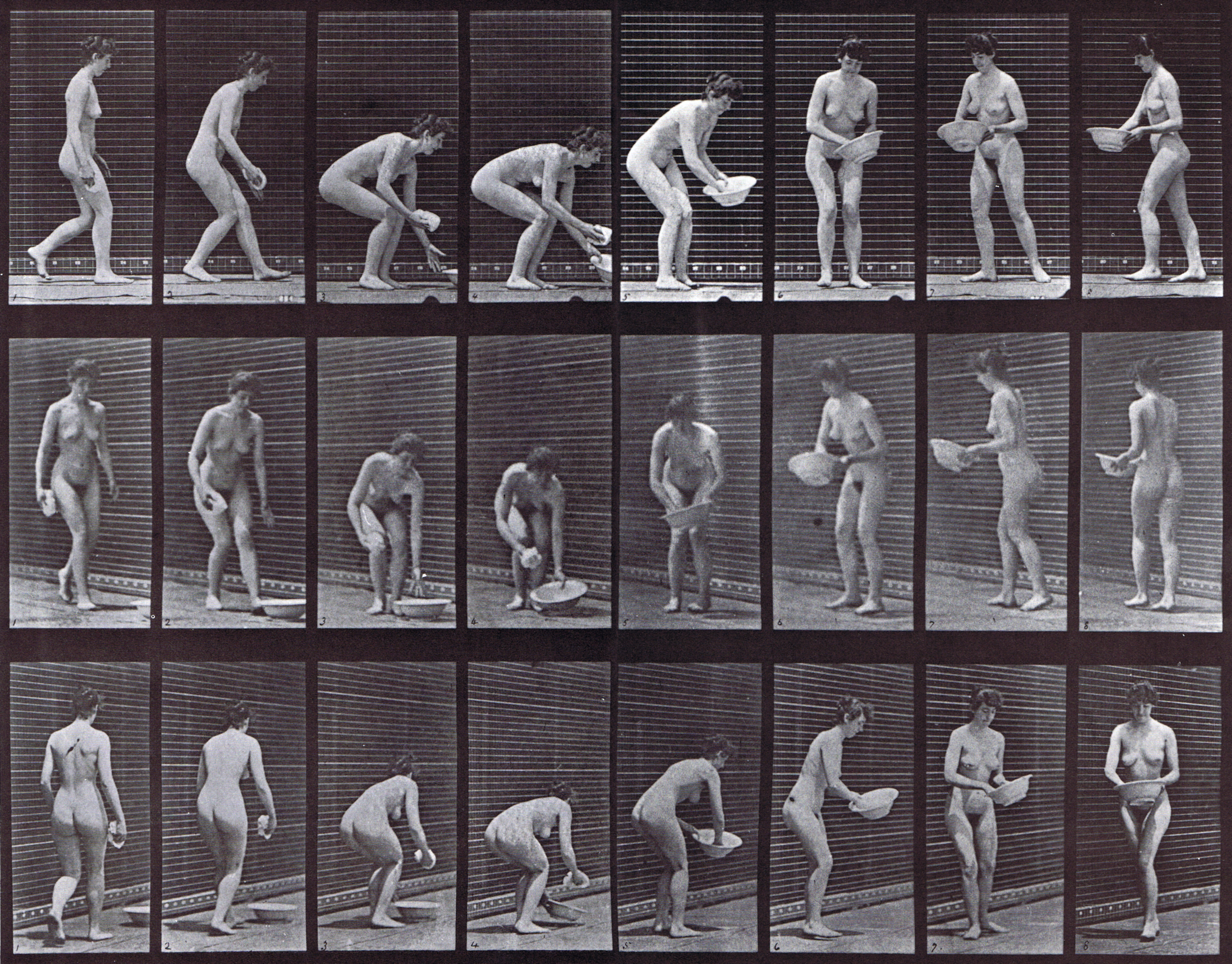 large profile, front three-quarter, and rear three-quarter views of nude female stooping and lifting a water basin then standing and turning animation reference using muybridge plate 223 from animal locomotion