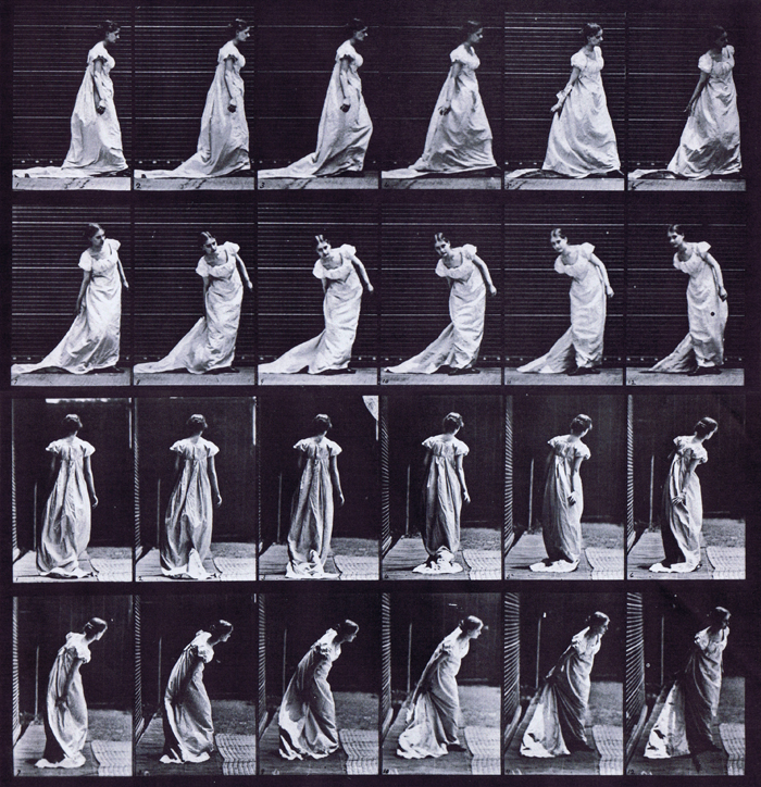 Profile and rear views of clothed female stooping and arranging dress train then turning animation reference using muybridge plate 231 from animal locomotion